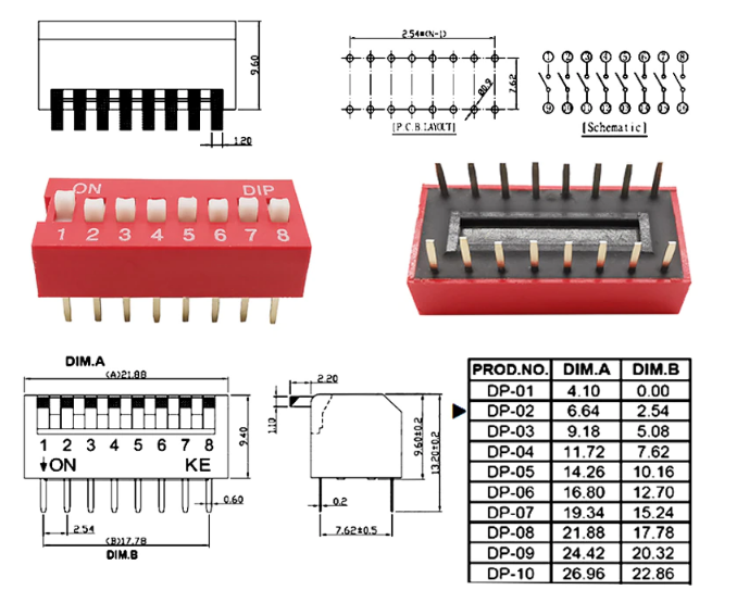 Interrupteur  Bascule Glissiere  1 2 3 4 5 6 7 8 9 10 12 Bits rouge