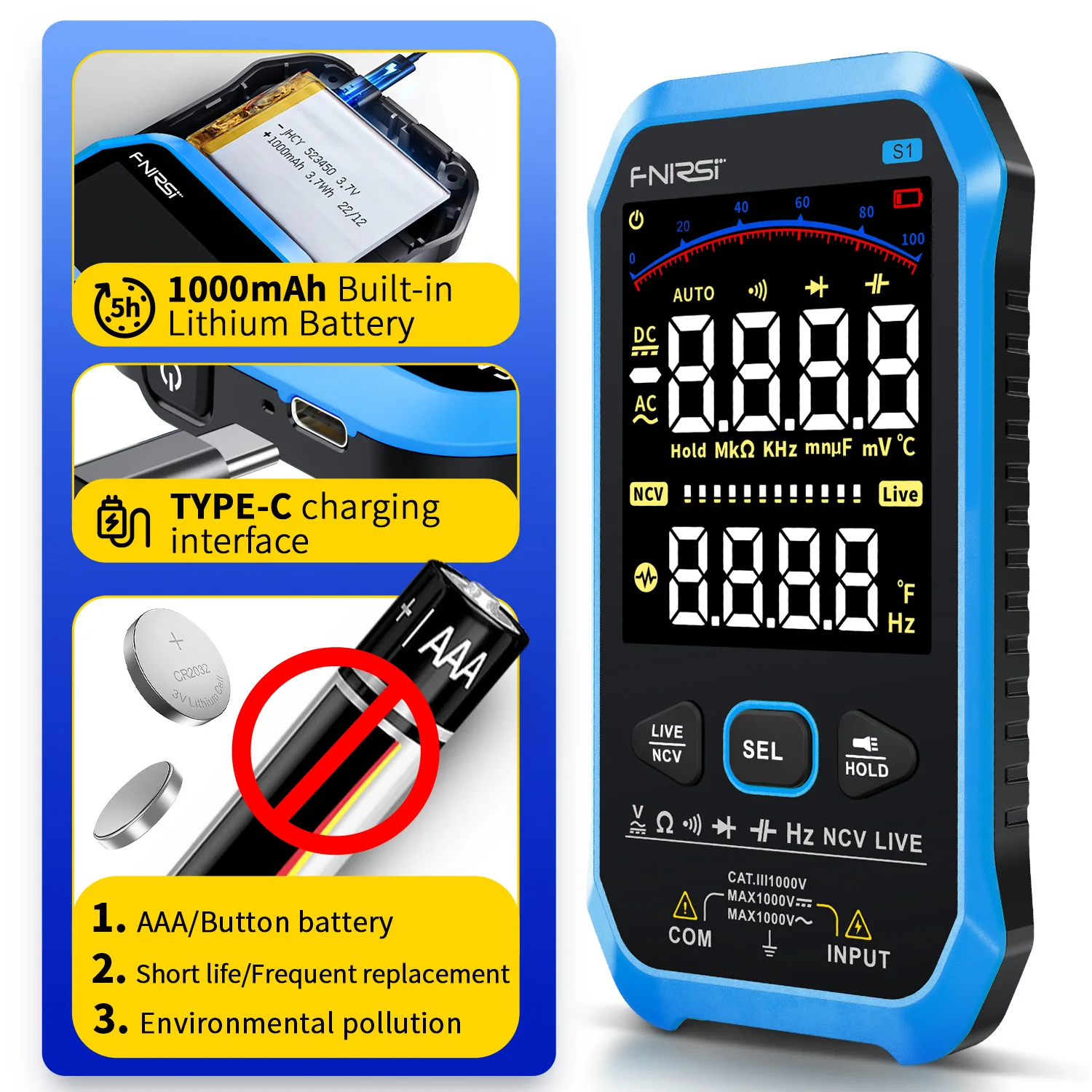 FNIRSI – MULTIMETRE numérique intelligent S1, 9999 points, tension AC, DC, Diode de résistance, NCV Hz, testeur d'affichage couleur de fil en direct