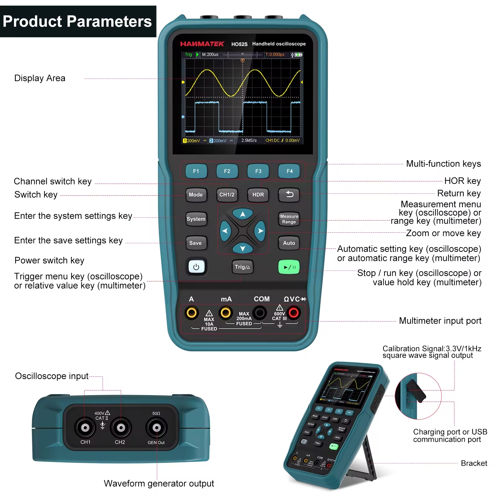 Oscilloscope multimètre Générateur de signaux 3 EN 1 portatif HO102S Bande 100 MHZ Hanmatek
