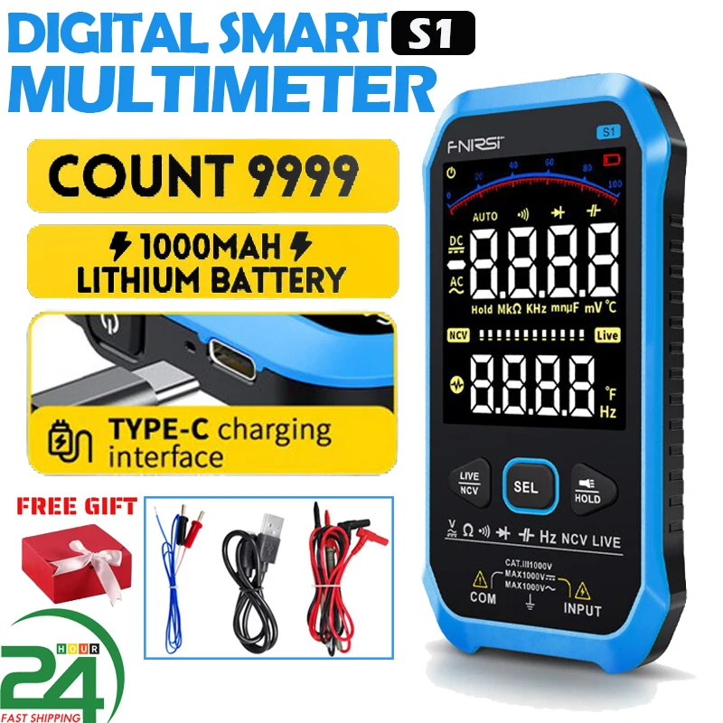 FNIRSI – MULTIMETRE numérique intelligent S1, 9999 points, tension AC, DC, Diode de résistance, NCV Hz, testeur d'affichage couleur de fil en direct