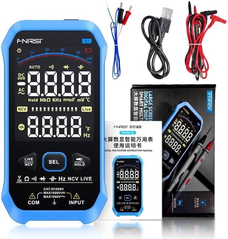 FNIRSI – MULTIMETRE numérique intelligent S1, 9999 points, tension AC, DC, Diode de résistance, NCV Hz, testeur d'affichage couleur de fil en direct
