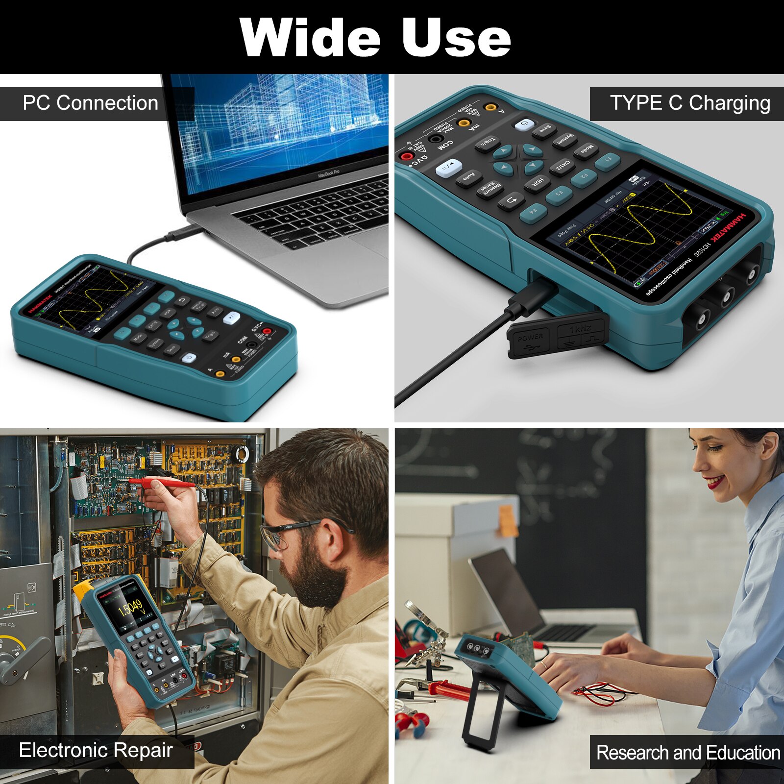Oscilloscope et Multimètre 2 EN 1 portatif HO52  Bande 50mhz  Hanmatek