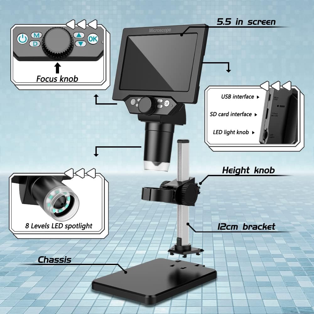 Microscope numérique G1000 1-1000X LCD 5.5 pouces HD Portable 8 LED 10MP