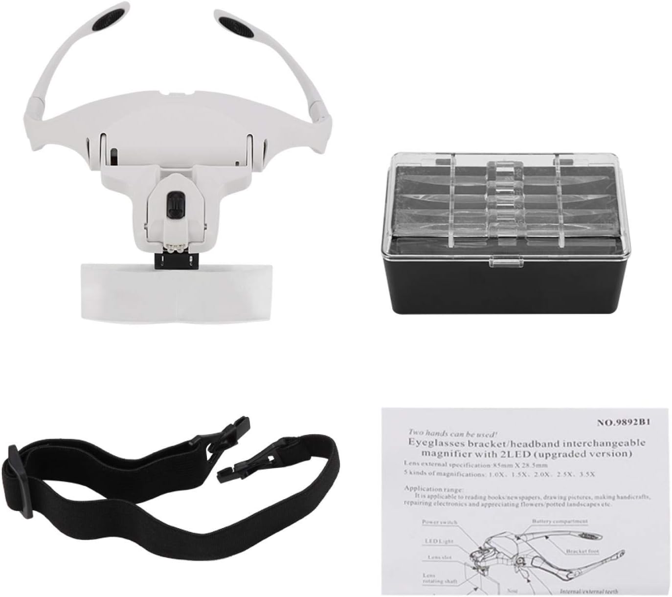 Loupe de lunettes grossissante avec lumière LED  NO.9892B1 Avec 5 pièces différentes