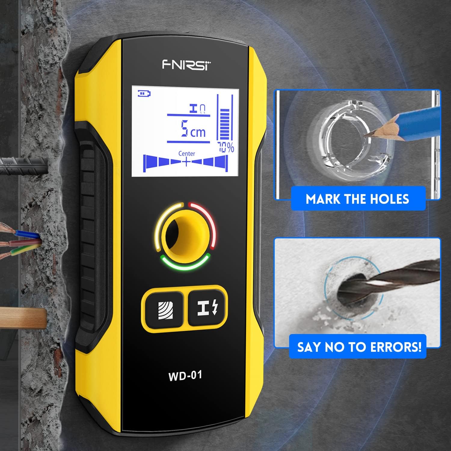 FNIRSI WD-01 détecteur de métaux Scanner mural avec trou de positionnement nouvellement conçu pour fils de câble AC
