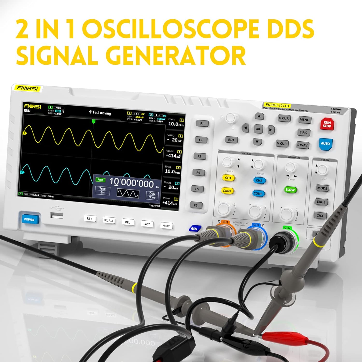 Oscilloscope Générateur de signaux FNIRSI 1014D 2 en 1 DDS, 2 canaux Bande passante 100 MHz