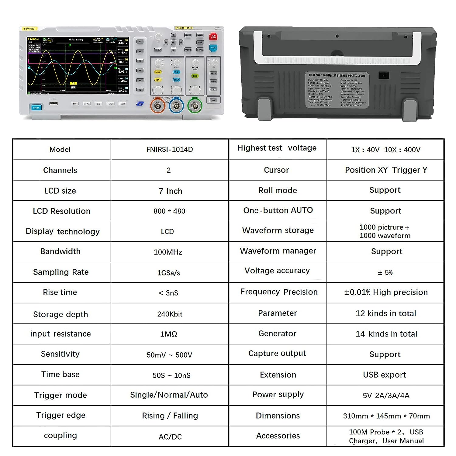 Oscilloscope Générateur de signaux FNIRSI 1014D 2 en 1 DDS, 2 canaux Bande passante 100 MHz