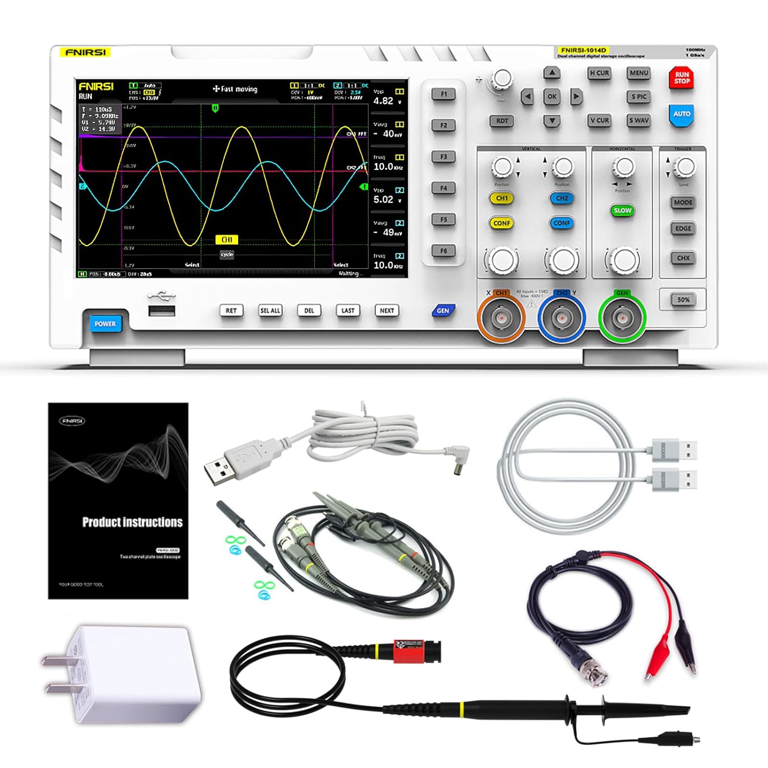 Oscilloscope Générateur de signaux FNIRSI 1014D 2 en 1 DDS, 2 canaux Bande passante 100 MHz