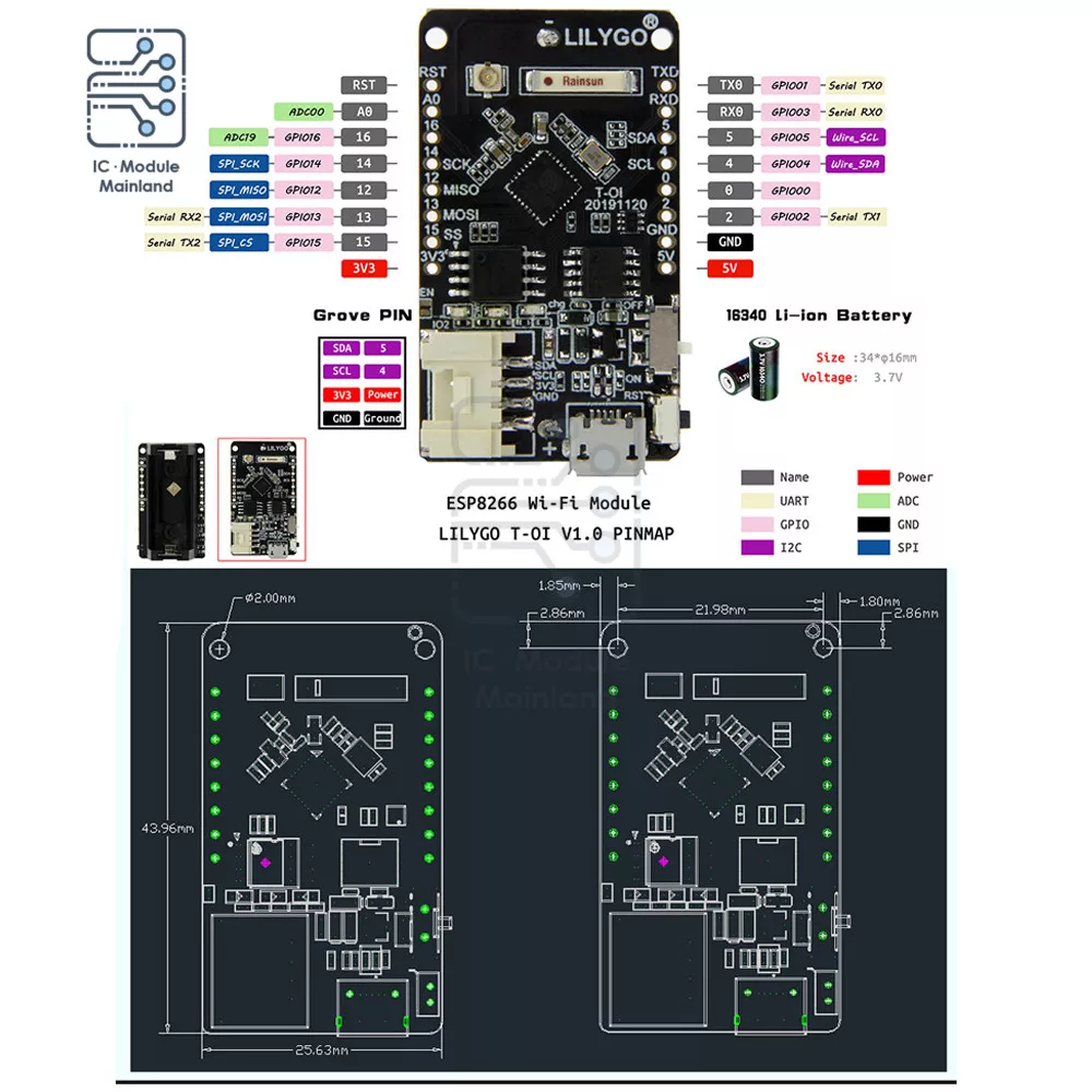 TTGO  MINI D1 ESP8266 + support de batterie Rechargeable 16340