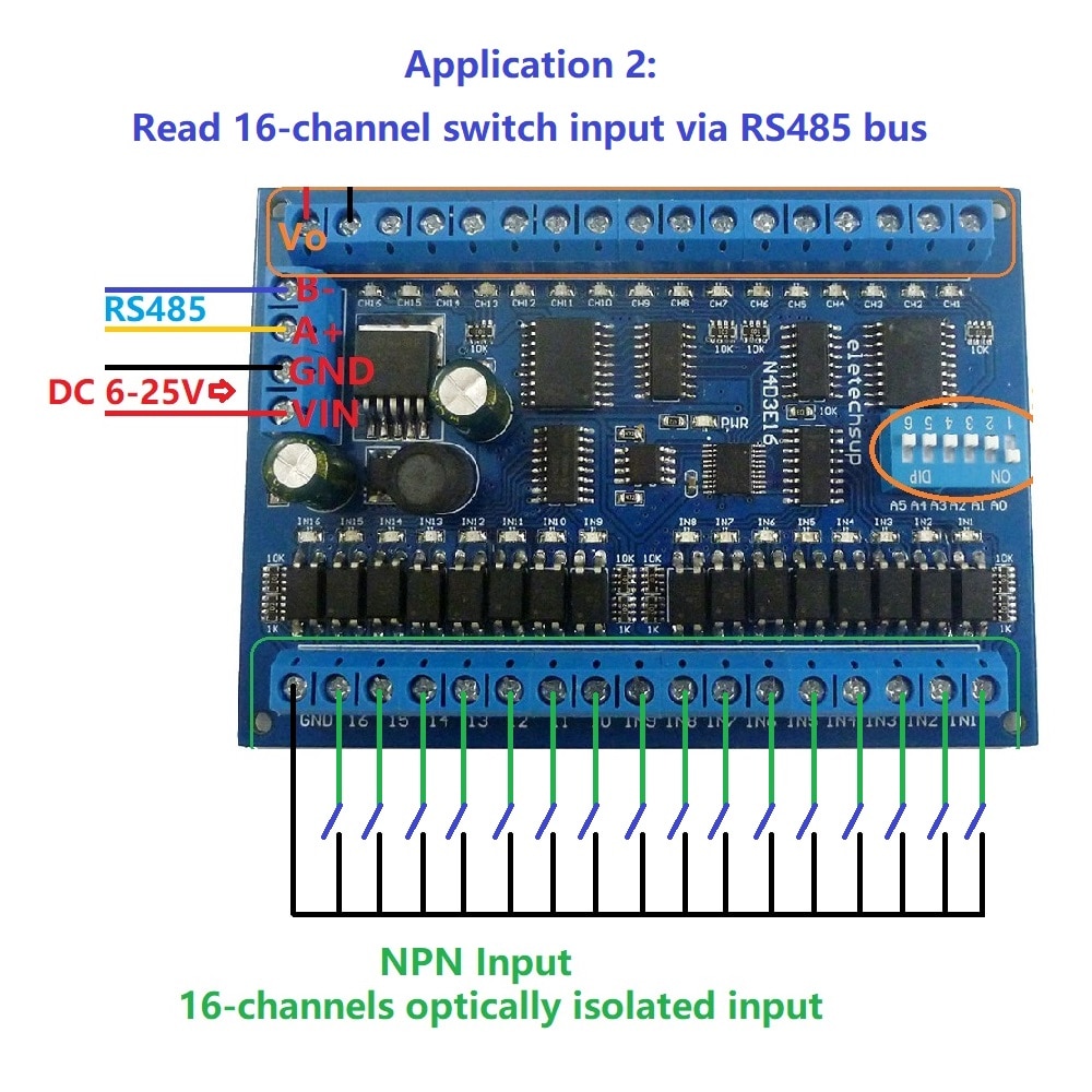 Panneau de commutateur RS485 16 entrées 16 sorties RS485 Modbus