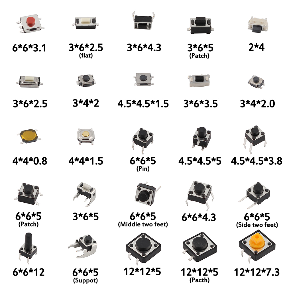 bouton poussoir tactiles SMD, DIP, 2x4, 3x6, 4x4, 6x6, 125 pièces
