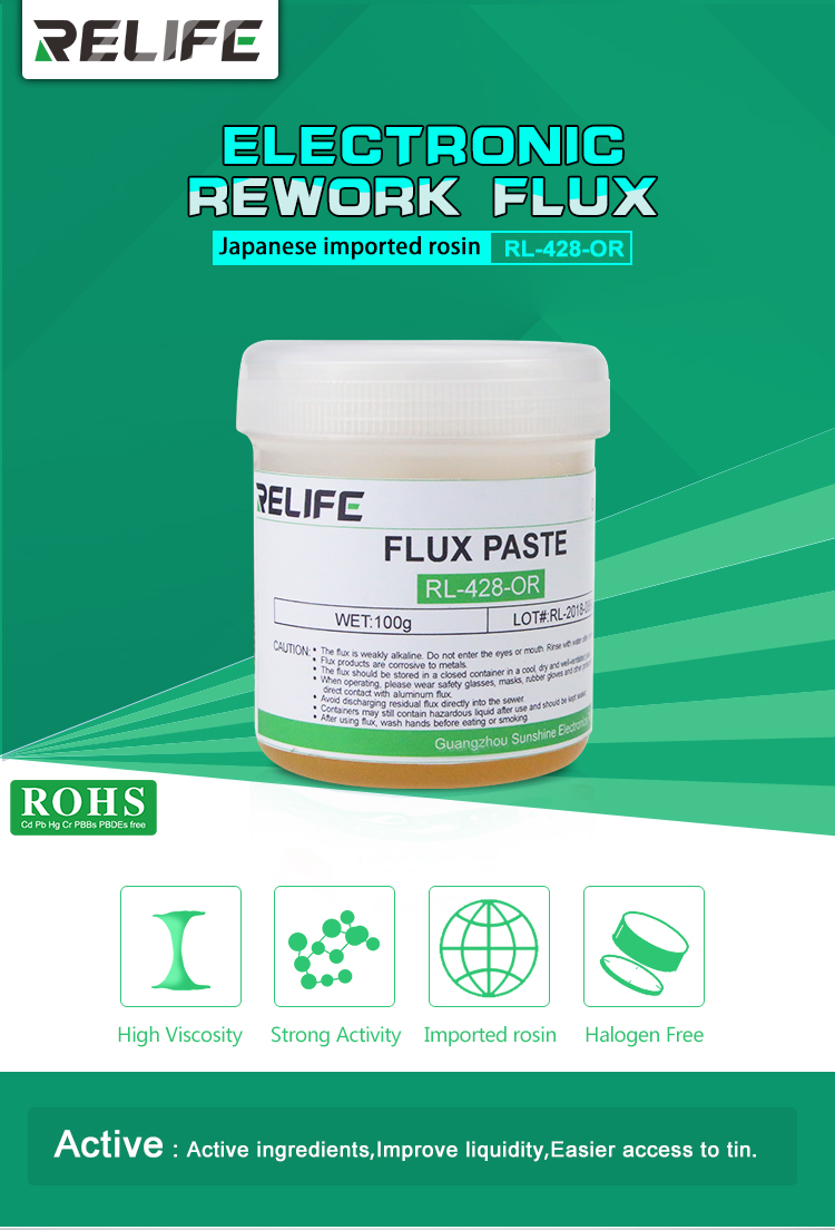 FLUX RELIFE RL-428-OR 100 g Sans halogène Bonne activité Viscosité Résistance d'isolation