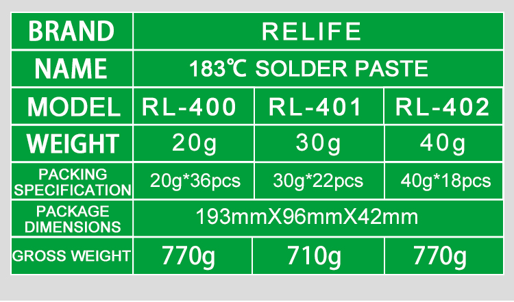 PATE A SOUDER RELIFE RL-400 20g RL-401 40g 183℃