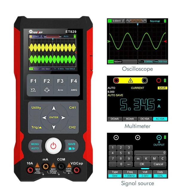 oscilloscope MULTIMETRE portable TOOLTOP ET829 + DMM + Générateur de formes d'ondes 3 en 1 à double canal avec une bande passante de 80 MHz
