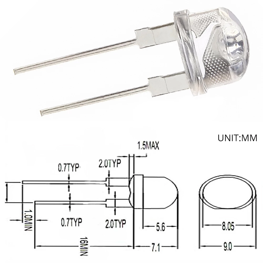 Lampe LED  Super Brillante Transparent  Chapeau de Paille, F8, 8mm, 0.5W